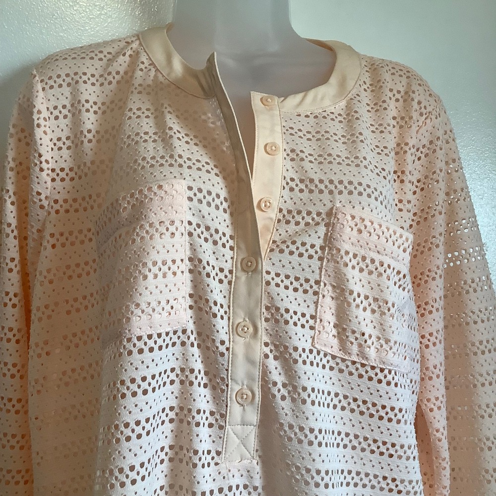 Ann Taylor Peach Eyelet Mesh Henley Blouse Long Sleeve Top Womens Large